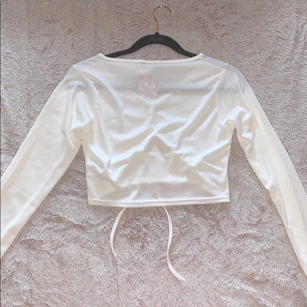 Drawstring Rutched Long Sleeve Rib Crop Top WHITE - Picture 2 of 2